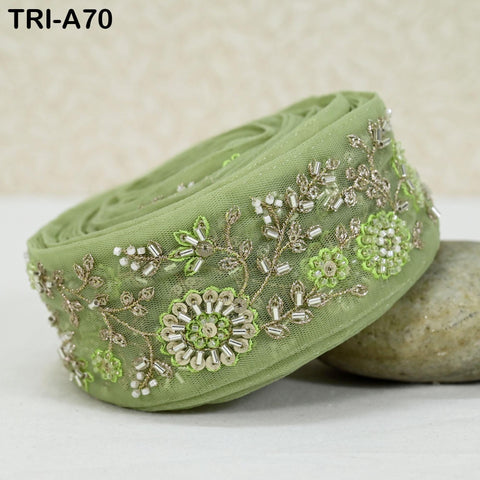 9 Yard Green Indian Embroidery Ribbon Beaded Trim Sari Border DIY Craft Lampshade Regency Reticules Victorian Handbags Junk Journal 5cm