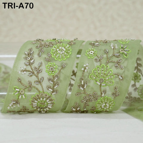 9 Yard Green Indian Embroidery Ribbon Beaded Trim Sari Border DIY Craft Lampshade Regency Reticules Victorian Handbags Junk Journal 5cm