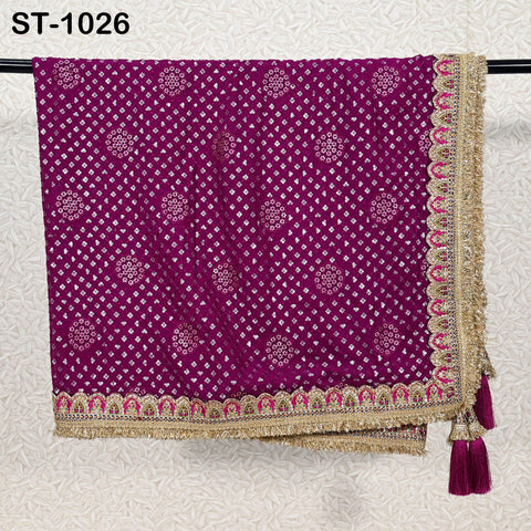 Wine Georgette Dupatta Embroidered | Indian Women Wedding Long Dupatta with Sequin | Punjabi Chunni Lehenga Stoles Bridal Veil Head Scarf