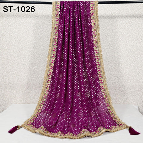 Wine Georgette Dupatta Embroidered | Indian Women Wedding Long Dupatta with Sequin | Punjabi Chunni Lehenga Stoles Bridal Veil Head Scarf