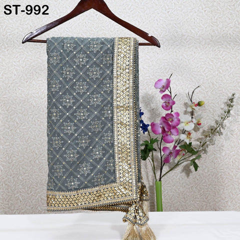 Grey Dupatta Chikankari Embroidered Georgette Stole | Gift for Women, Bridal Veil Lehenga Chunri, Festival, Ethnic Punjabi Dress 2.4 Yards