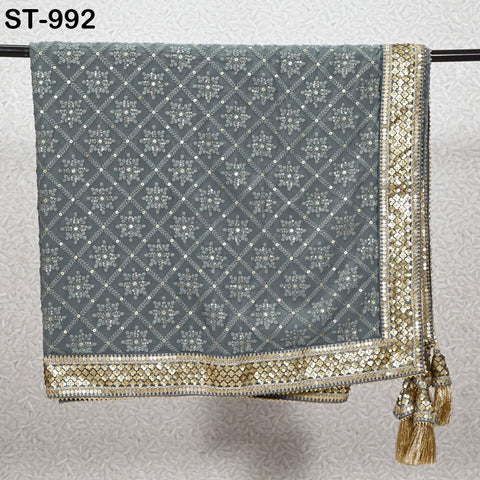 Grey Dupatta Chikankari Embroidered Georgette Stole | Gift for Women, Bridal Veil Lehenga Chunri, Festival, Ethnic Punjabi Dress 2.4 Yards