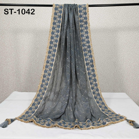 Grey Dupatta Embroidered Chiffon Long Dupatta Chuni Bridal Indian Wedding Veil Lehenga Stole Punjabi Chunni Head Scarf Christmas Gift