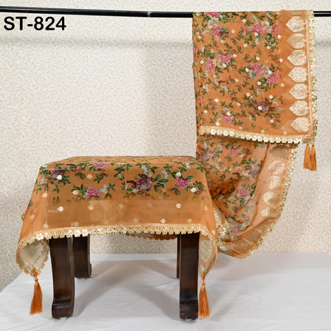 Orange Dupatta Organza Floral Print Gold Border Indian Printed Wedding Scarf | Women Ethnic Bridal Party Wear Lightweight Dupatta