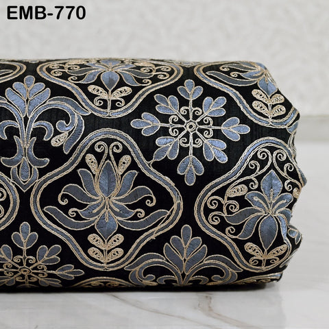 Black Embroidered Fabric by the yard Sewing DIY Crafting Embroidery Wedding Costumes Dolls Tote Bag Renaissance Dress Home Decor Upholstery