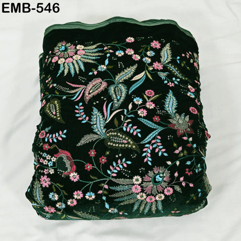 Green Indian Embroidered Velvet Fabric by the yard Bridal Wedding Dress Costumes Dolls Long Coats Table Runner Quilting Sewing DIY Crafting