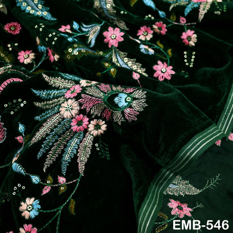 Green Indian Embroidered Velvet Fabric by the yard Bridal Wedding Dress Costumes Dolls Long Coats Table Runner Quilting Sewing DIY Crafting