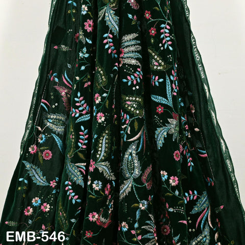 Green Indian Embroidered Velvet Fabric by the yard Bridal Wedding Dress Costumes Dolls Long Coats Table Runner Quilting Sewing DIY Crafting