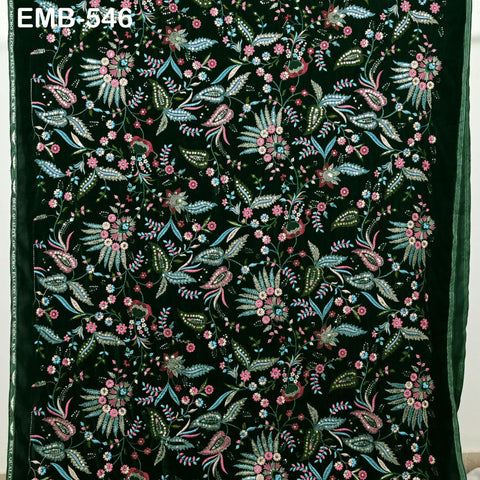 Green Indian Embroidered Velvet Fabric by the yard Bridal Wedding Dress Costumes Dolls Long Coats Table Runner Quilting Sewing DIY Crafting