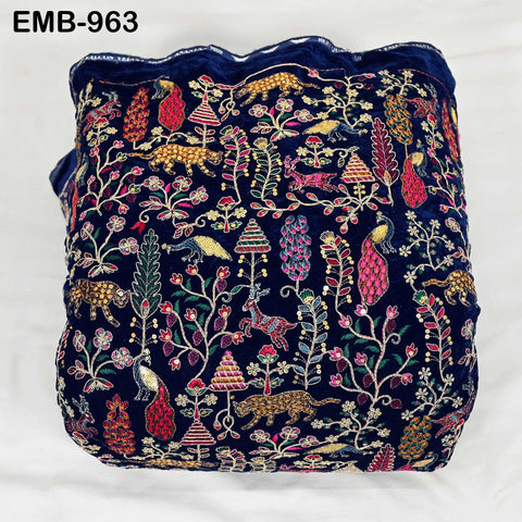 Blue Indian Embroidered Velvet Fabric by the yard Sewing DIY Crafting Wedding Dress Costumes Doll Bags Cushion Covers Table Runner Quilting