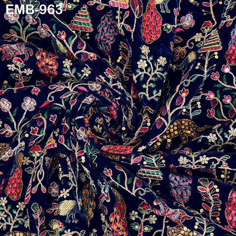 Blue Indian Embroidered Velvet Fabric by the yard Sewing DIY Crafting Wedding Dress Costumes Doll Bags Cushion Covers Table Runner Quilting