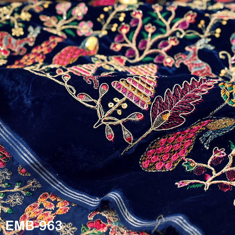 Blue Indian Embroidered Velvet Fabric by the yard Sewing DIY Crafting Wedding Dress Costumes Doll Bags Cushion Covers Table Runner Quilting