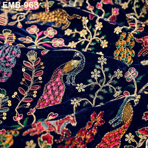 Blue Indian Embroidered Velvet Fabric by the yard Sewing DIY Crafting Wedding Dress Costumes Doll Bags Cushion Covers Table Runner Quilting