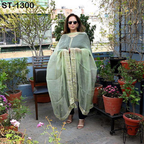 Lime Green Dupatta Hand Embroidery Silk Organza Dupatta Light Weight Indian Bridal Wedding Lehenga Women Chunni Veil Scarf Dress Gift Mom