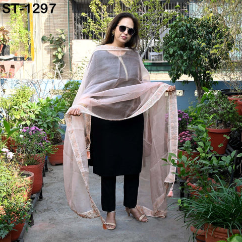 Peach Dupatta Hand Embroidery Silk Organza Dupatta Light Weight Indian Bridal Wedding Lehenga Women Chunni Veil Scarf Dress Gift for Mom