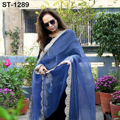 Blue Hand Embroidery Silk Organza Dupatta Light Weight Indian Bridal Wedding Chunni Veil Scarf Women Dress Gift Wife, Sister