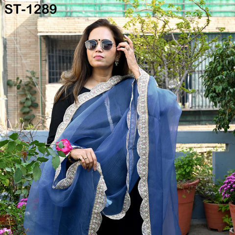 Blue Hand Embroidery Silk Organza Dupatta Light Weight Indian Bridal Wedding Chunni Veil Scarf Women Dress Gift Wife, Sister