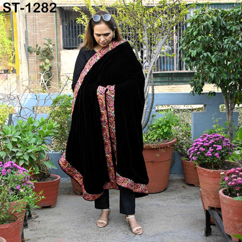 Black Velvet Shawl Dupatta – Embroidered Floral Border Wrap for Bridal, Partywear & Groom Sherwani