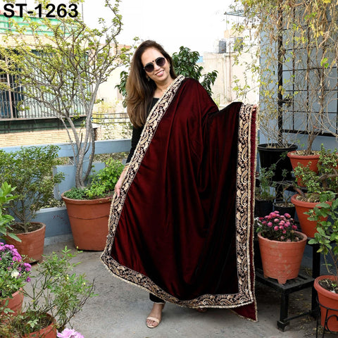 Burgundy Velvet Shawl Dupatta – Embroidered Floral Border Wrap for Bridal, Partywear & Groom Sherwani
