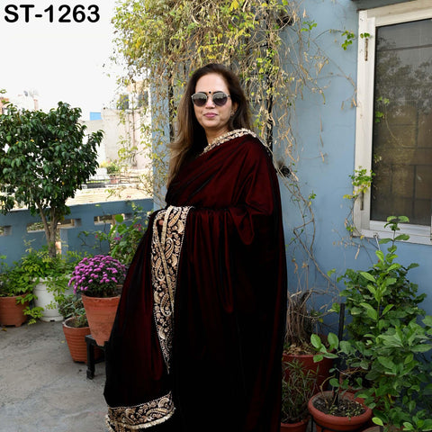 Burgundy Velvet Shawl Dupatta – Embroidered Floral Border Wrap for Bridal, Partywear & Groom Sherwani