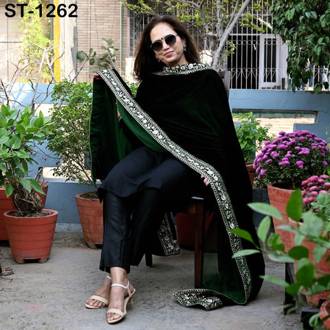Green Velvet Shawl Designer Dupatta Embroidery on edge Gift for Women Indian Embroidered Chunni Bridal Veil Lehenga Festival Punjabi Wedding