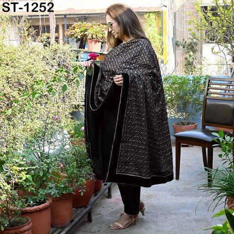 Black Velvet Embroidered Shawl Dupatta for Bridal Wear, Wedding Stole, Groom Sherwani Heavy Geometric Embroidery Scarf, Festive Wrap