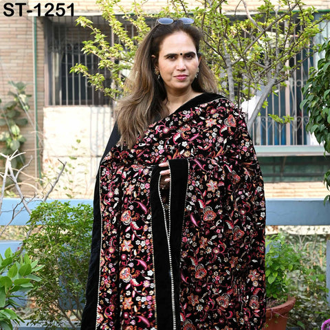 Embroidered Velvet Shawl Dupatta – Black Designer Velvet Wrap with Sequin Floral Border for Wedding, Bridal, Partywear