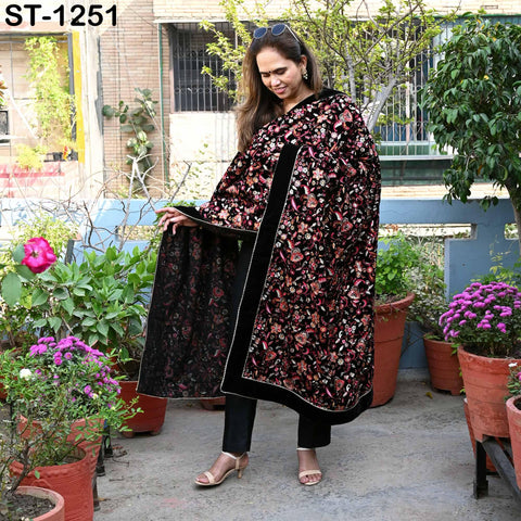 Embroidered Velvet Shawl Dupatta – Black Designer Velvet Wrap with Sequin Floral Border for Wedding, Bridal, Partywear