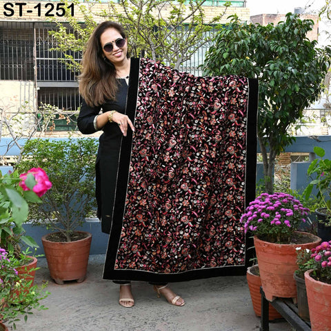 Embroidered Velvet Shawl Dupatta – Black Designer Velvet Wrap with Sequin Floral Border for Wedding, Bridal, Partywear