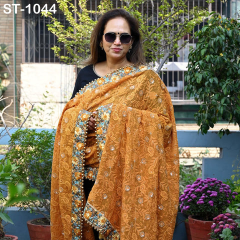 Mustard Yellow Designer Dupatta Chikankari Georgette Chunni, Indian Bridal Veil Lehenga Wedding Wrap Stole Haldi, Gift for Mother