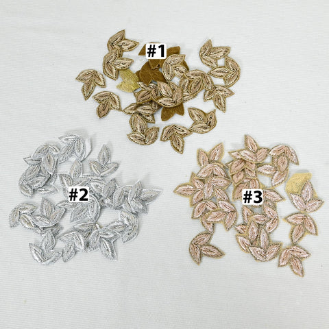 50 Pc Zardozi Embroidered Leaf Appliques (3 cm): Indian Sewing Embellishments Antique Gold, Silver, Rose gold