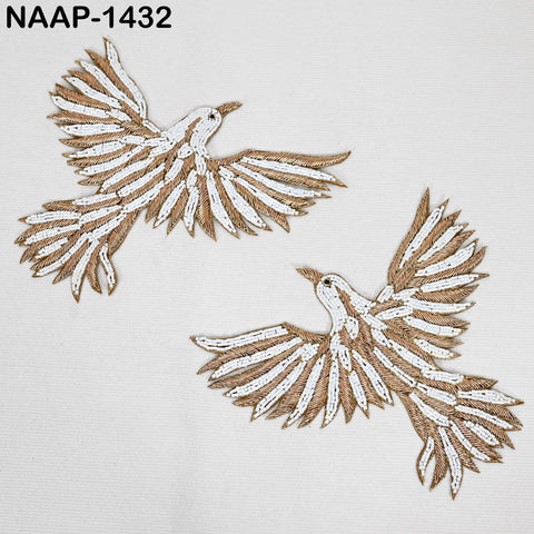 Embroidered Flying Bird Appliqués (2 Pair): Gold Zari Thread, Beaded Indian Patches (6 Inch)