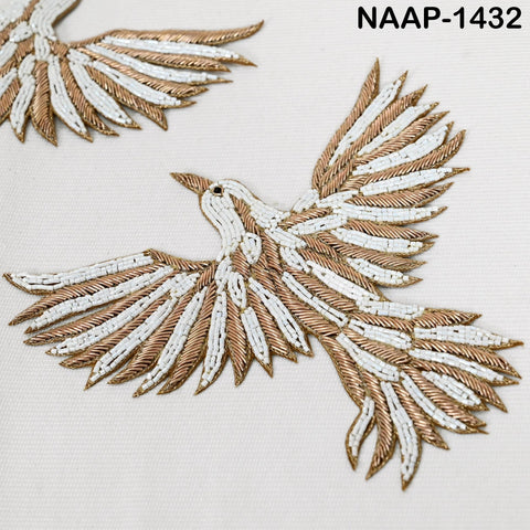 Embroidered Flying Bird Appliqués (2 Pair): Gold Zari Thread, Beaded Indian Patches (6 Inch)
