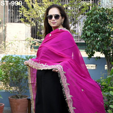 Magenta Gota Patti Dupatta Pure Chiffon with Tassels Hand Embroidered Indian Wedding Scarf Designer Bridal Ethnic Wrap Stole Gift for Mother