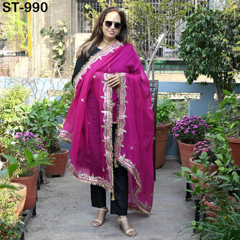 Magenta Gota Patti Dupatta Pure Chiffon with Tassels Hand Embroidered Indian Wedding Scarf Designer Bridal Ethnic Wrap Stole Gift for Mother