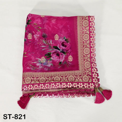 Magenta Floral Organza Dupatta | Gold Brocade Border Indian Printed Wedding Scarf | Gift for Women Party Wear Lightweight Ethnic Dupatta