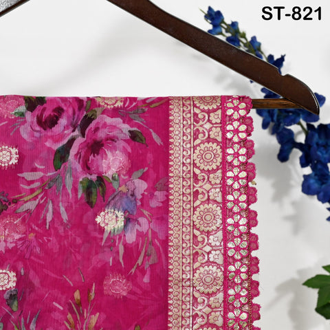 Magenta Floral Organza Dupatta | Gold Brocade Border Indian Printed Wedding Scarf | Gift for Women Party Wear Lightweight Ethnic Dupatta