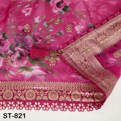 Magenta Floral Organza Dupatta | Gold Brocade Border Indian Printed Wedding Scarf | Gift for Women Party Wear Lightweight Ethnic Dupatta