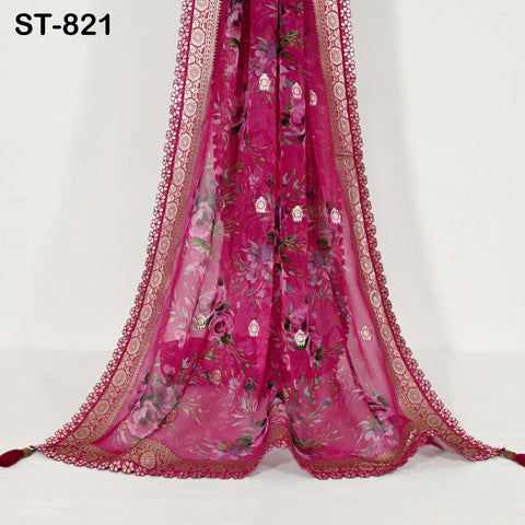 Magenta Floral Organza Dupatta | Gold Brocade Border Indian Printed Wedding Scarf | Gift for Women Party Wear Lightweight Ethnic Dupatta