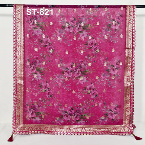 Magenta Floral Organza Dupatta | Gold Brocade Border Indian Printed Wedding Scarf | Gift for Women Party Wear Lightweight Ethnic Dupatta