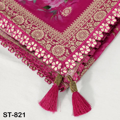 Magenta Floral Organza Dupatta | Gold Brocade Border Indian Printed Wedding Scarf | Gift for Women Party Wear Lightweight Ethnic Dupatta