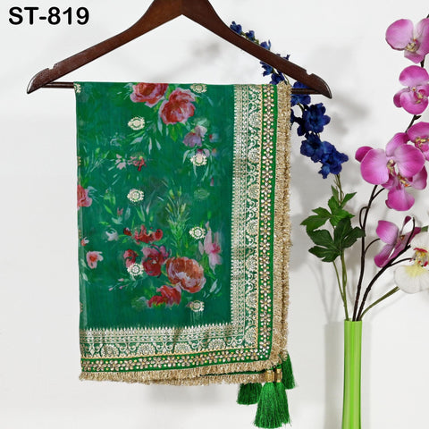 Green Floral Organza Dupatta | Gold Brocade Border | Indian Printed Wedding Scarf | Women Party Wear Lightweight Dupatta, Ethnic Bridal Veil