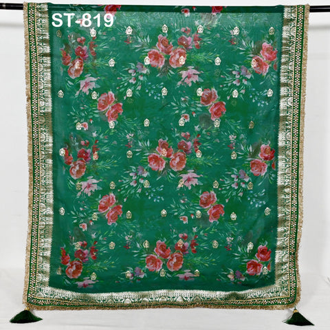 Green Floral Organza Dupatta | Gold Brocade Border | Indian Printed Wedding Scarf | Women Party Wear Lightweight Dupatta, Ethnic Bridal Veil