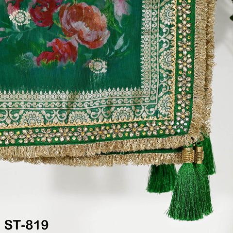 Green Floral Organza Dupatta | Gold Brocade Border | Indian Printed Wedding Scarf | Women Party Wear Lightweight Dupatta, Ethnic Bridal Veil