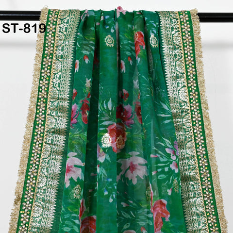 Green Floral Organza Dupatta | Gold Brocade Border | Indian Printed Wedding Scarf | Women Party Wear Lightweight Dupatta, Ethnic Bridal Veil