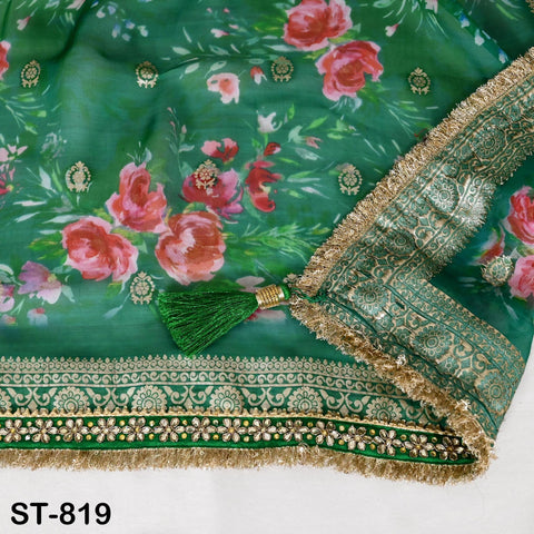 Green Floral Organza Dupatta | Gold Brocade Border | Indian Printed Wedding Scarf | Women Party Wear Lightweight Dupatta, Ethnic Bridal Veil