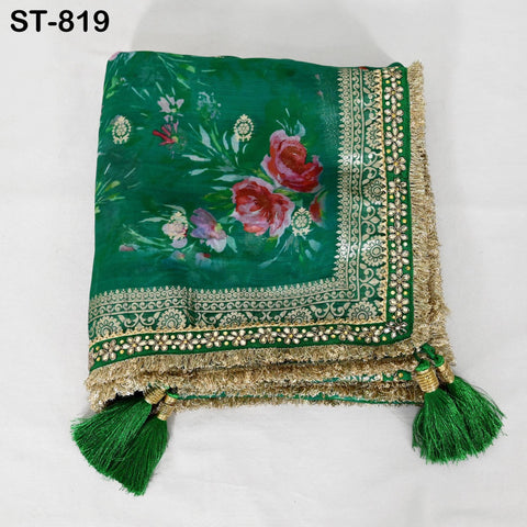 Green Floral Organza Dupatta | Gold Brocade Border | Indian Printed Wedding Scarf | Women Party Wear Lightweight Dupatta, Ethnic Bridal Veil