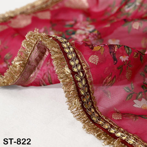 Red Floral Organza Dupatta | Gold Brocade Border | Indian Printed Wedding Scarf | Party Wear Lightweight Dupatta | Women Ethnic Bridal Veil
