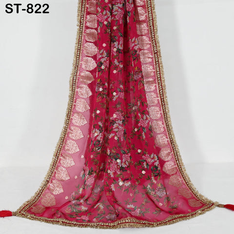 Red Floral Organza Dupatta | Gold Brocade Border | Indian Printed Wedding Scarf | Party Wear Lightweight Dupatta | Women Ethnic Bridal Veil