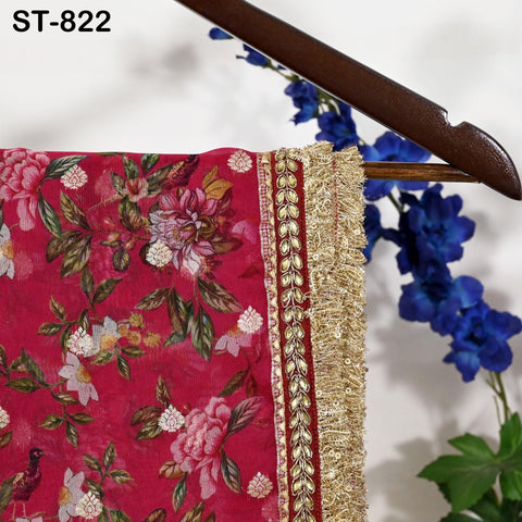Red Floral Organza Dupatta | Gold Brocade Border | Indian Printed Wedding Scarf | Party Wear Lightweight Dupatta | Women Ethnic Bridal Veil